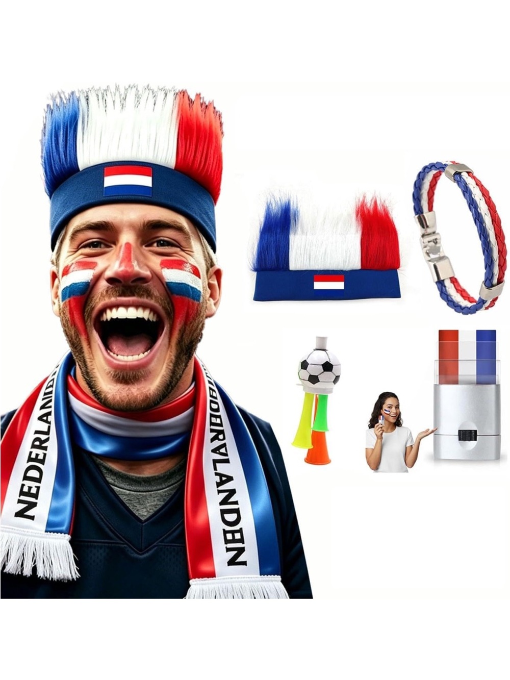 Dutch Flag Fan Pack Headband with Red White Blue Mohawk